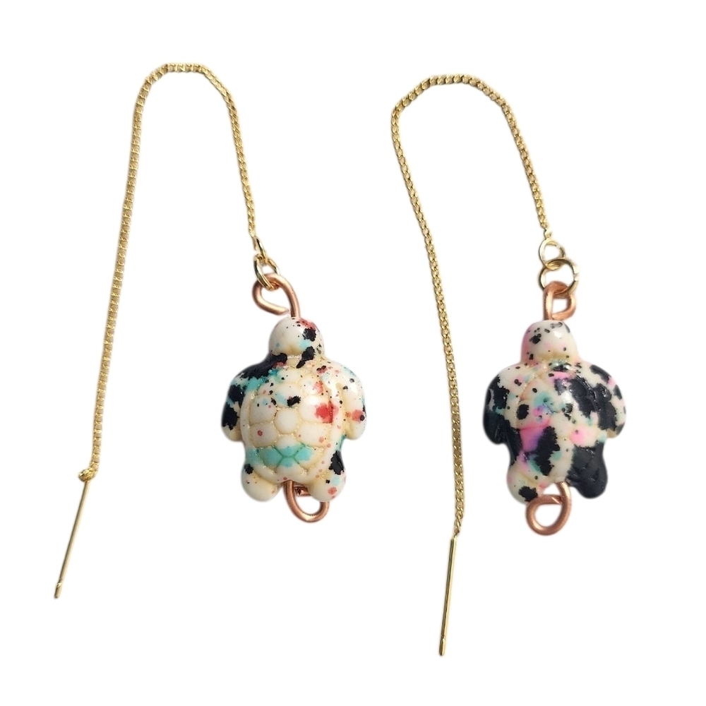 18K Gold Plated Sea Turtle Turquoise Threader Earrings Dainty - Picture 2 of 2